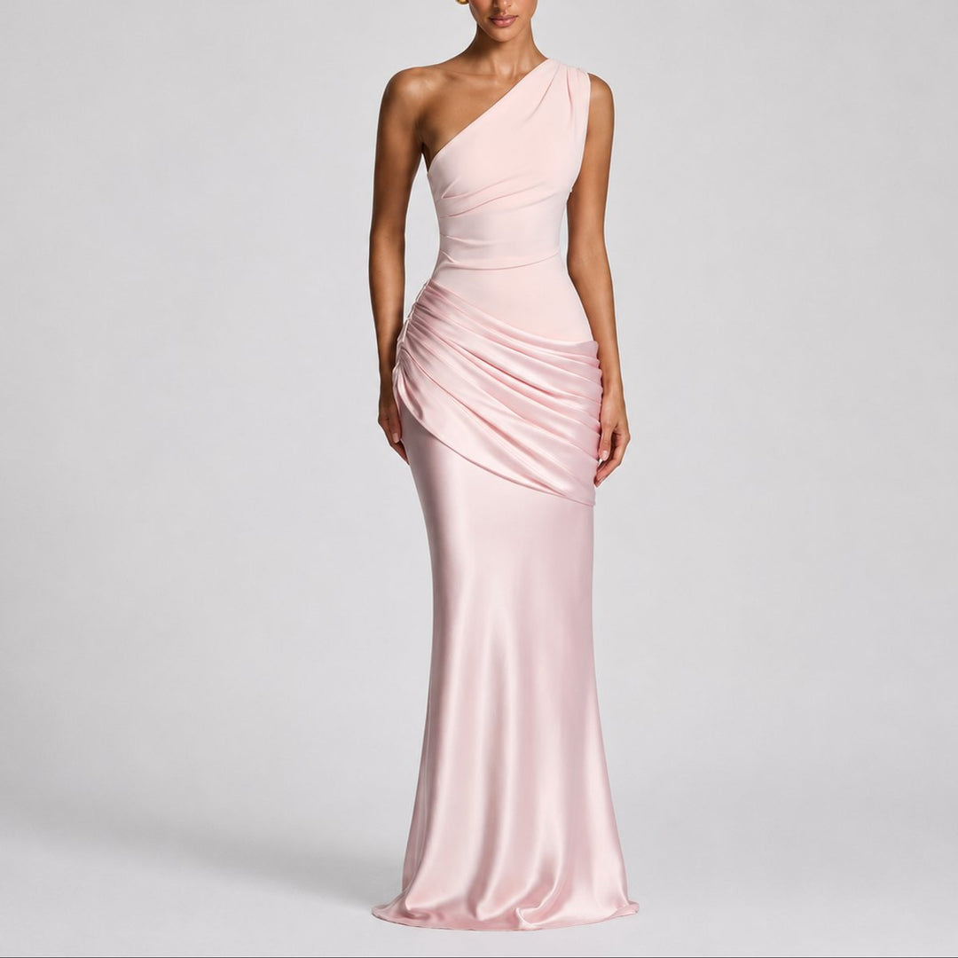 Women's One-Shoulder Draped Satin Maxi Fall Wedding Guest Dress - Pink