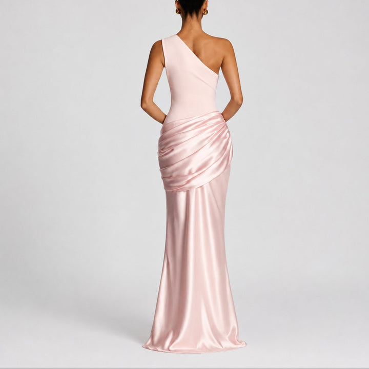 Women's One-Shoulder Draped Satin Maxi Fall Wedding Guest Dress