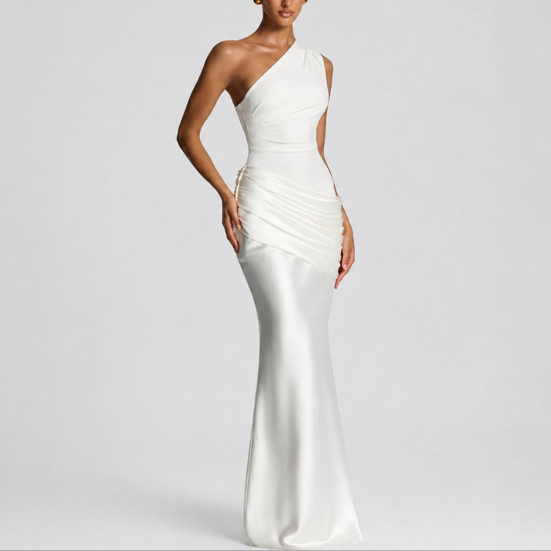 Women's One-Shoulder Draped Satin Maxi Fall Wedding Guest Dress - White