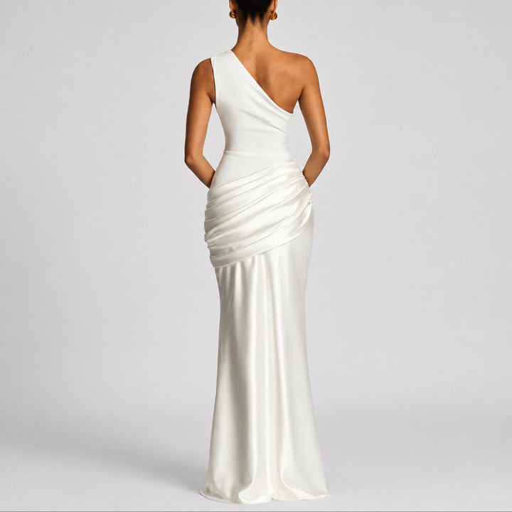 Women's One-Shoulder Draped Satin Maxi Fall Wedding Guest Dress