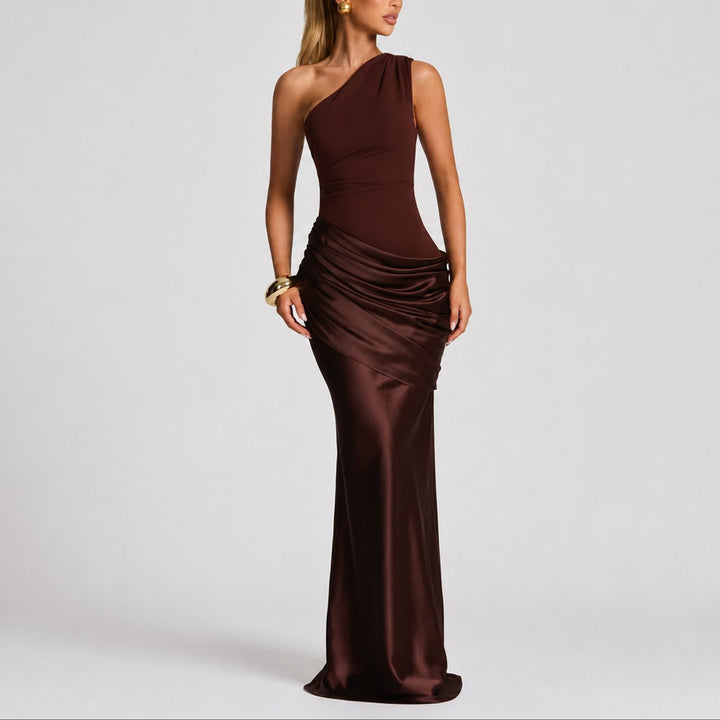 Women's One-Shoulder Draped Satin Maxi Fall Wedding Guest Dress - Brown