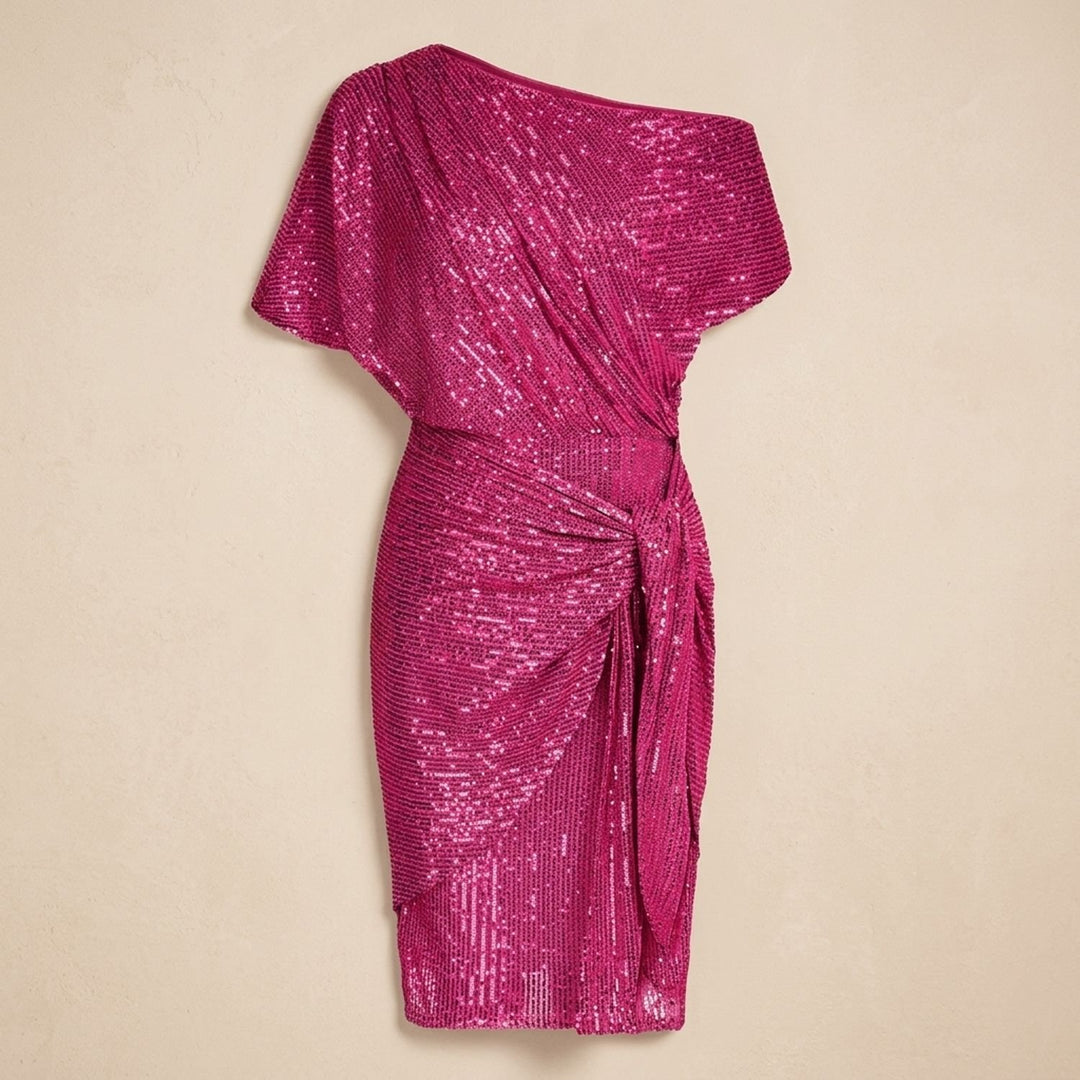 Women's One-Shoulder Draped Sequin Dress - Pink