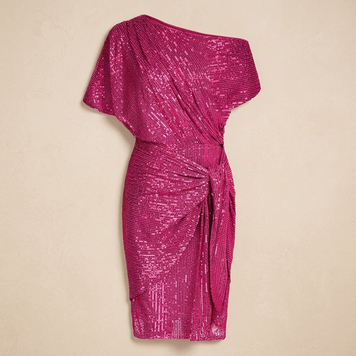Women's One-Shoulder Draped Sequin Dress - Pink