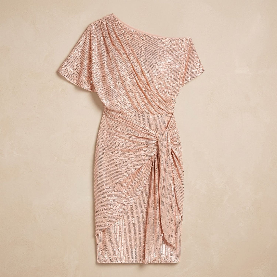 Women's One-Shoulder Draped Sequin Dress - Light Pink