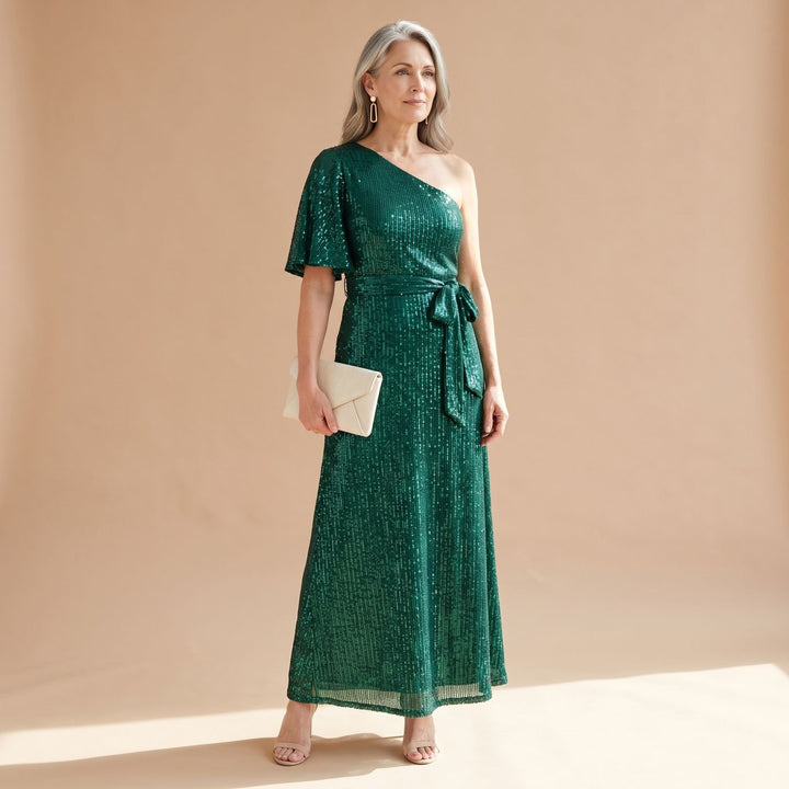 Women's One-Shoulder Draped Sequin Dress - Green