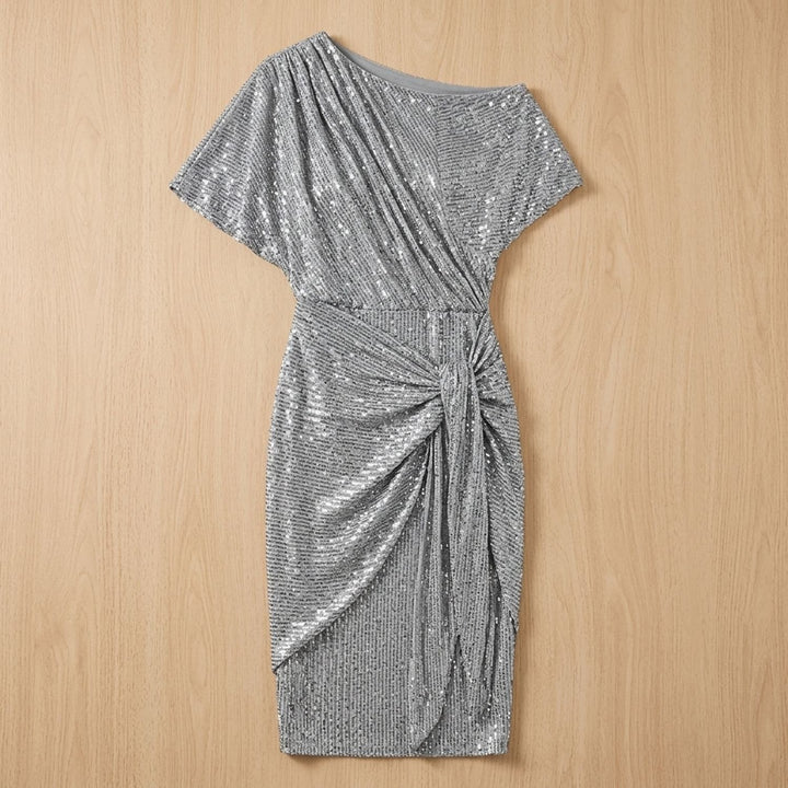 Women's One-Shoulder Draped Sequin Dress - Gray