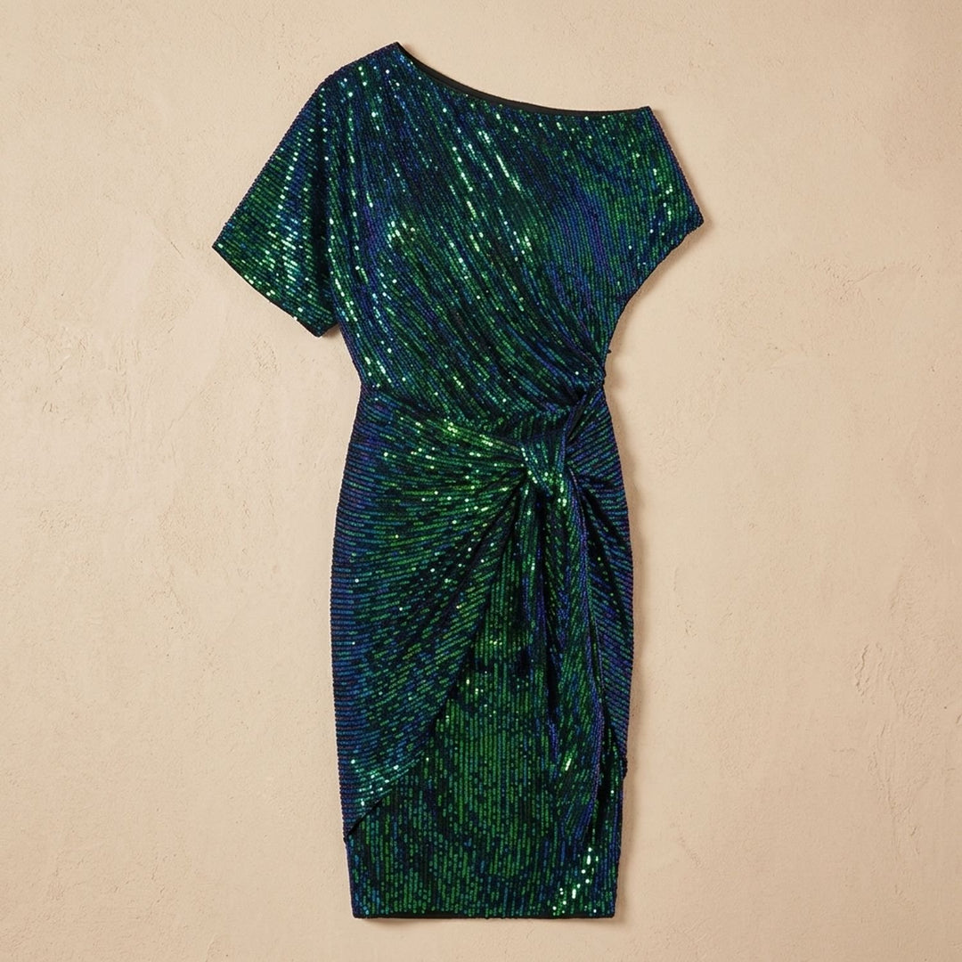 Women's One-Shoulder Draped Sequin Dress - Dark Green