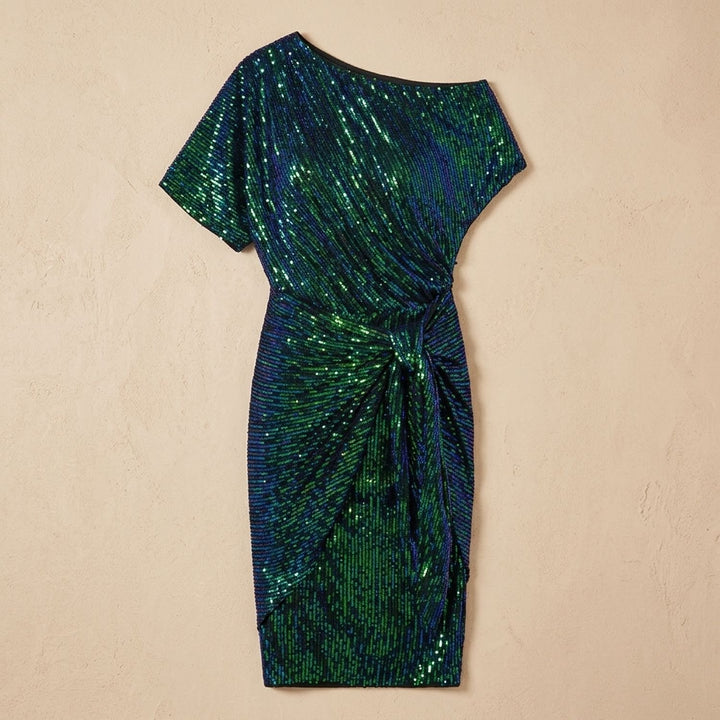 Women's One-Shoulder Draped Sequin Dress - Dark Green
