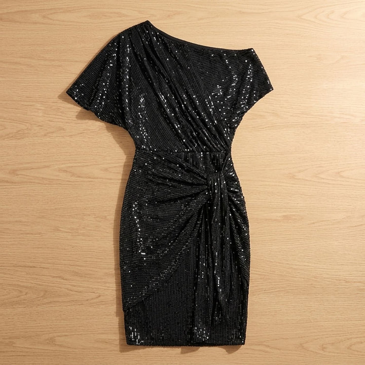 Women's One-Shoulder Draped Sequin Dress - Black