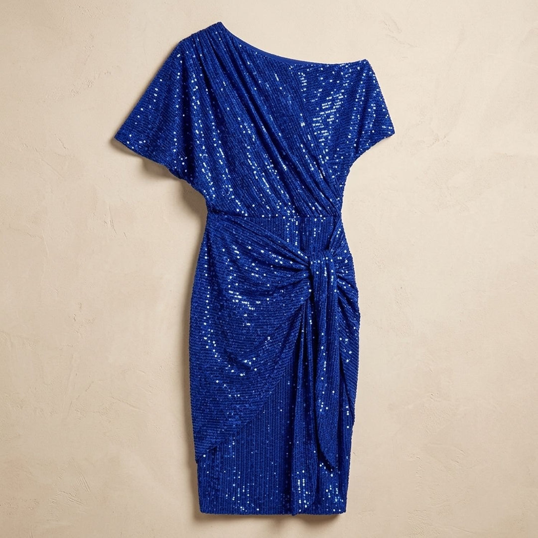 Women's One-Shoulder Draped Sequin Dress - Blue