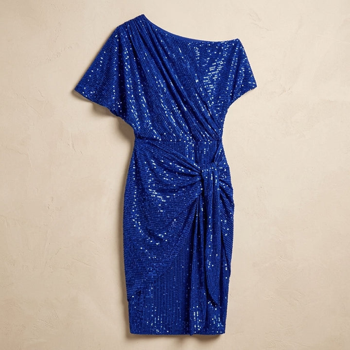 Women's One-Shoulder Draped Sequin Dress - Blue