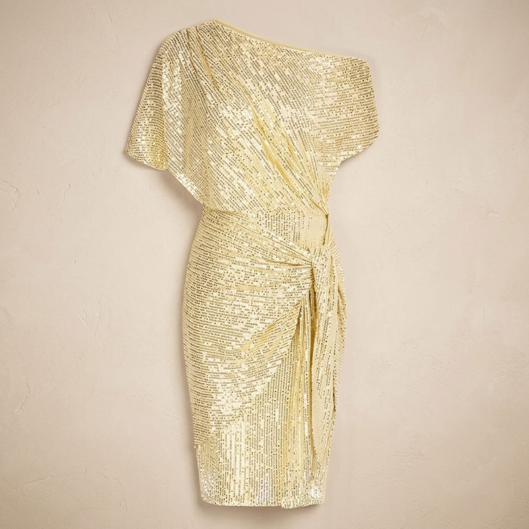 Women's One-Shoulder Draped Sequin Dress - Yellow