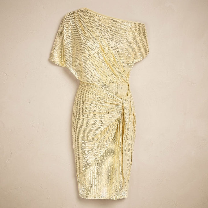 Women's One-Shoulder Draped Sequin Dress - Yellow