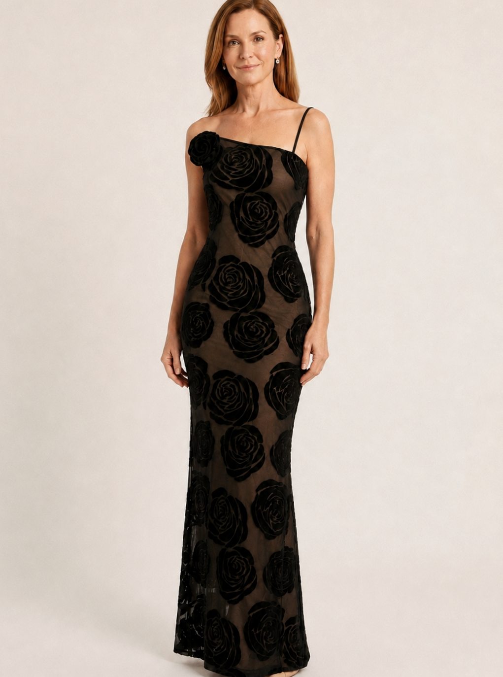 Women's One-Shoulder Floral Velvet Lace Maxi Gown - Black