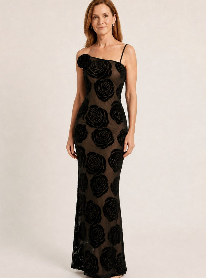 Women's One-Shoulder Floral Velvet Lace Maxi Gown - Black