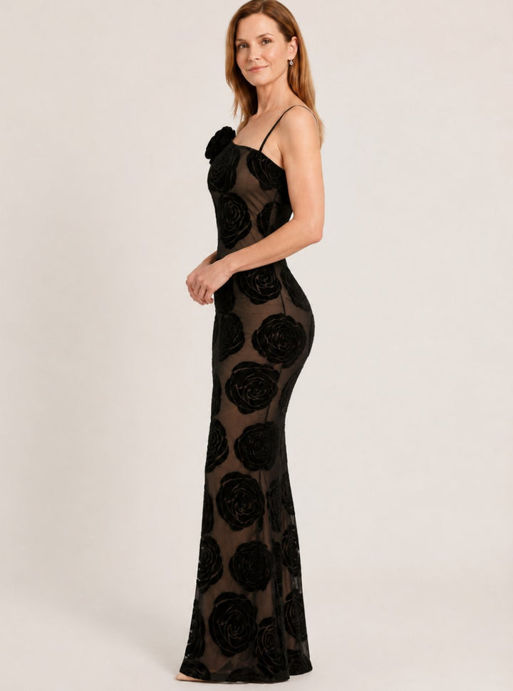 Women's One-Shoulder Floral Velvet Lace Maxi Gown
