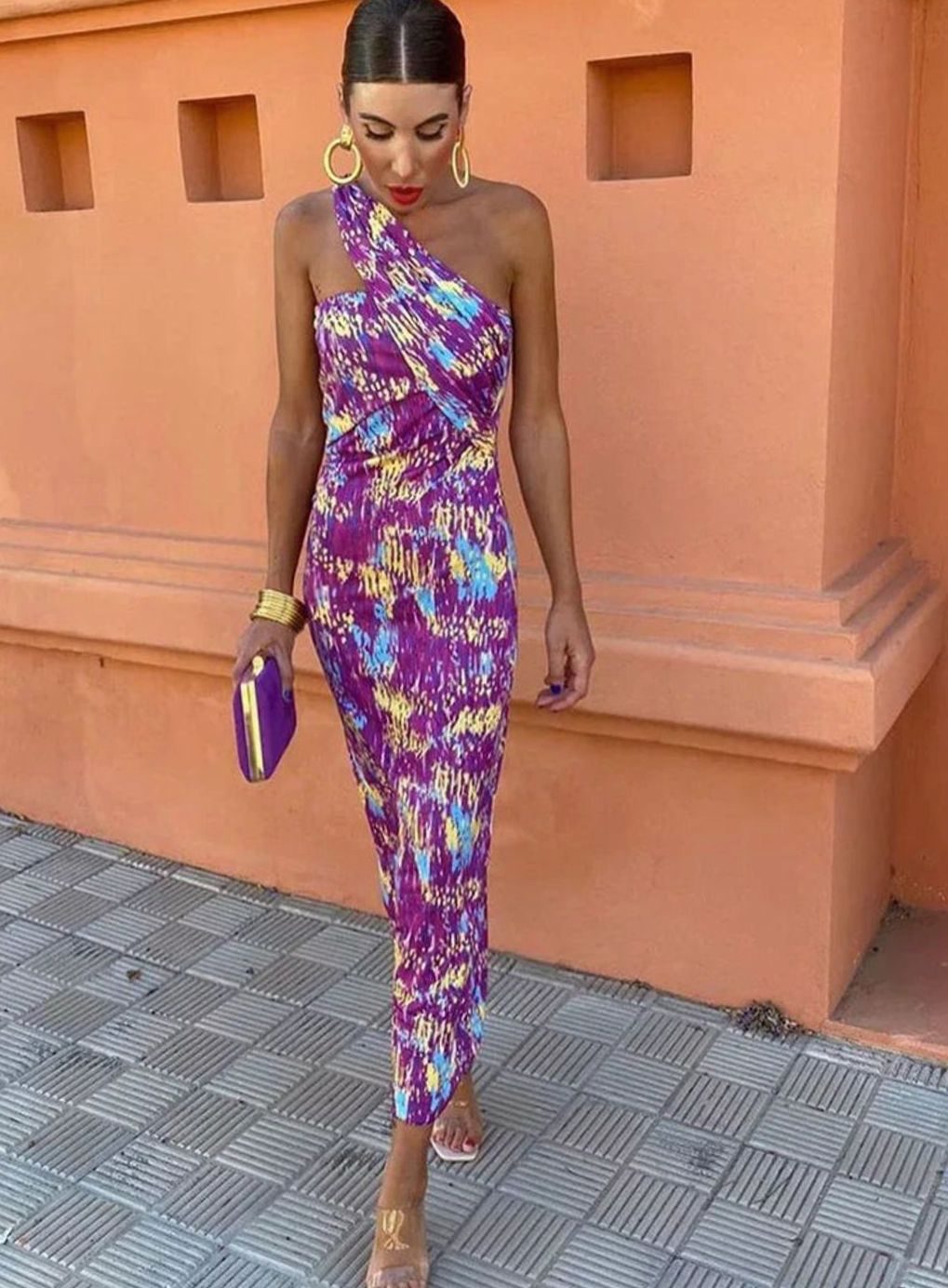 Women's One-Shoulder Geometric Printed Midi Dress - Purple