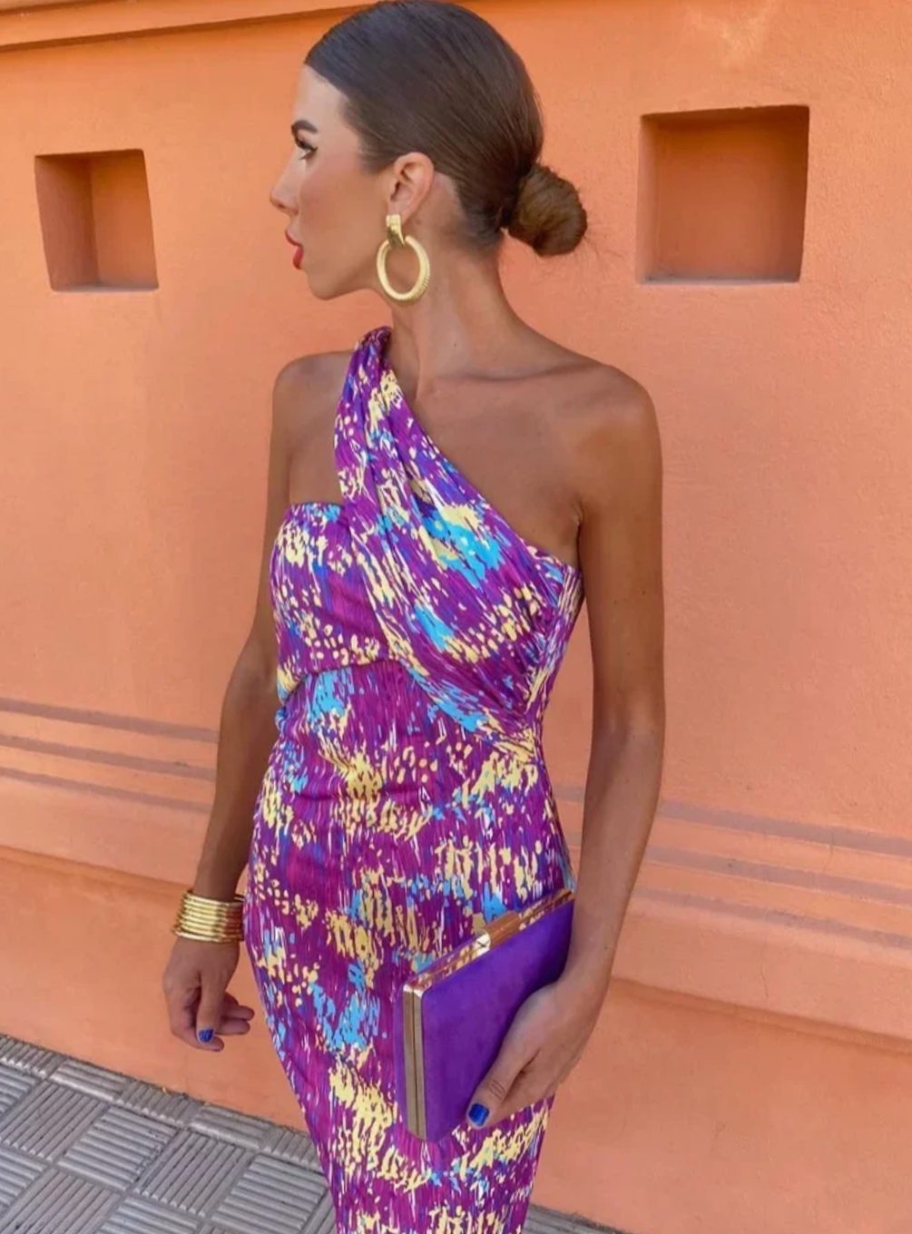 Women's One-Shoulder Geometric Printed Midi Dress
