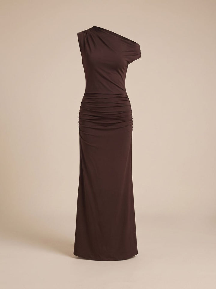 Women's One-Shoulder Ruched Bodycon Maxi Dress - Brown