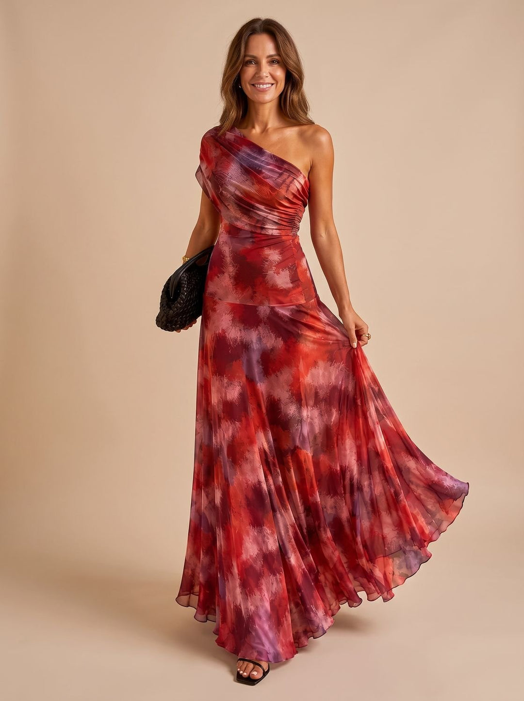 Women's One-Shoulder Ruched Flowy Maxi Dress - Red