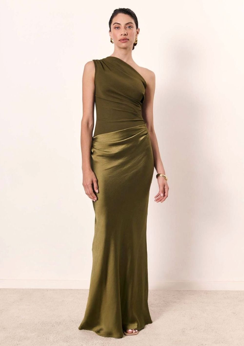Women's One-Shoulder Ruched Maxi Evening Dress - Matcha