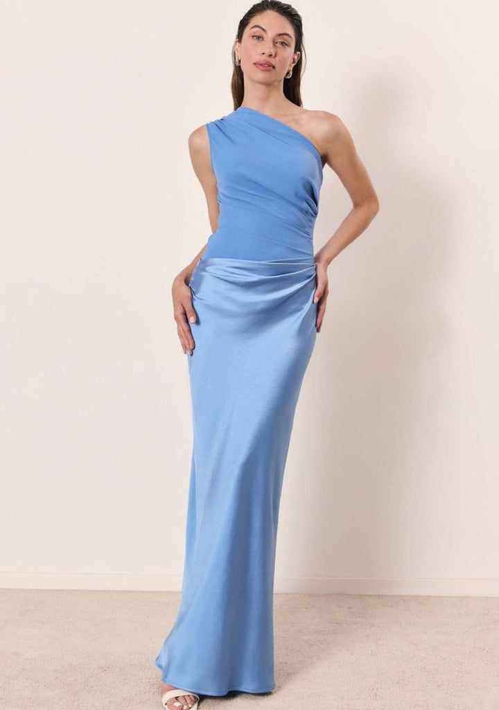 Women's One-Shoulder Ruched Maxi Evening Dress - Sky Blue