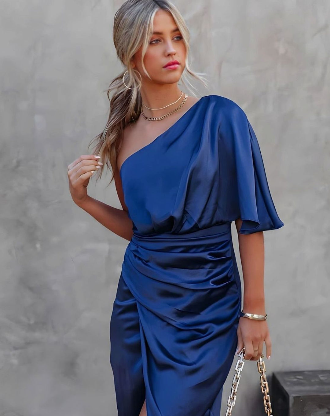 Women's One-Shoulder Satin Wrap Midi Dress - Blue