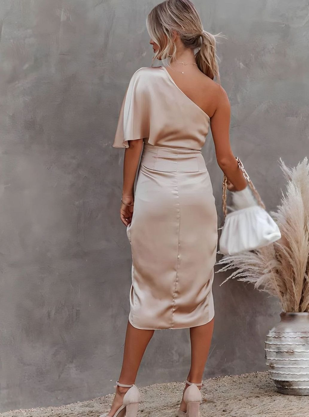 Women's One-Shoulder Satin Wrap Midi Dress
