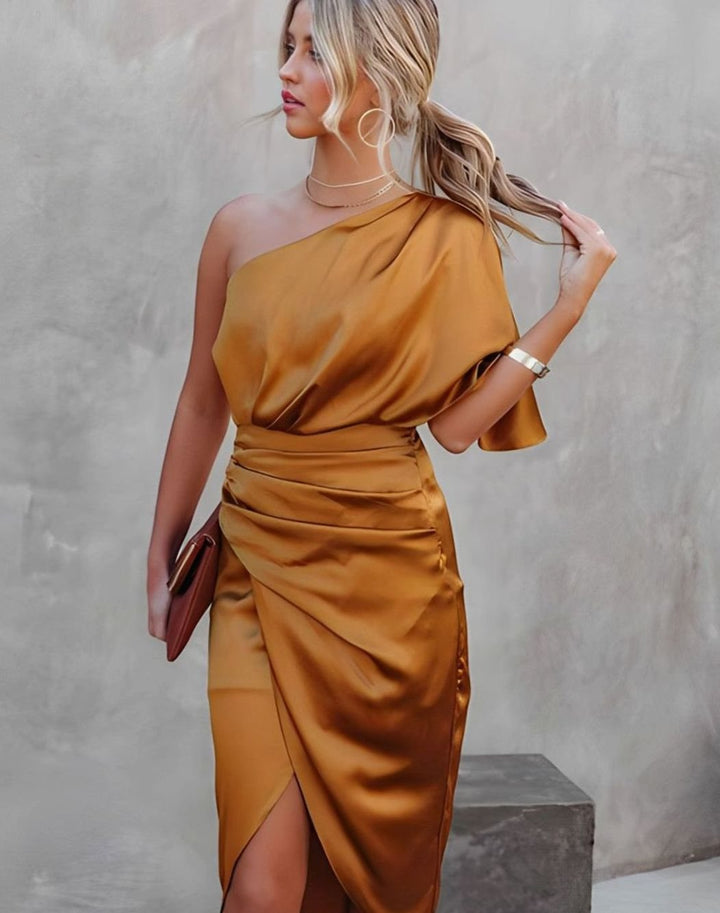 Women's One-Shoulder Satin Wrap Midi Dress - Orange