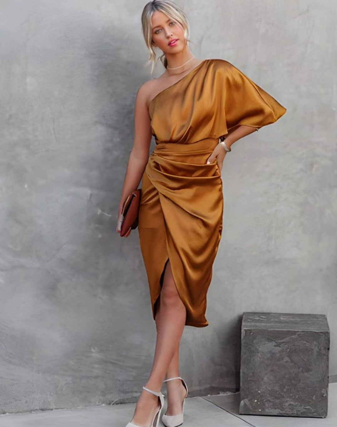 Women's One-Shoulder Satin Wrap Midi Dress