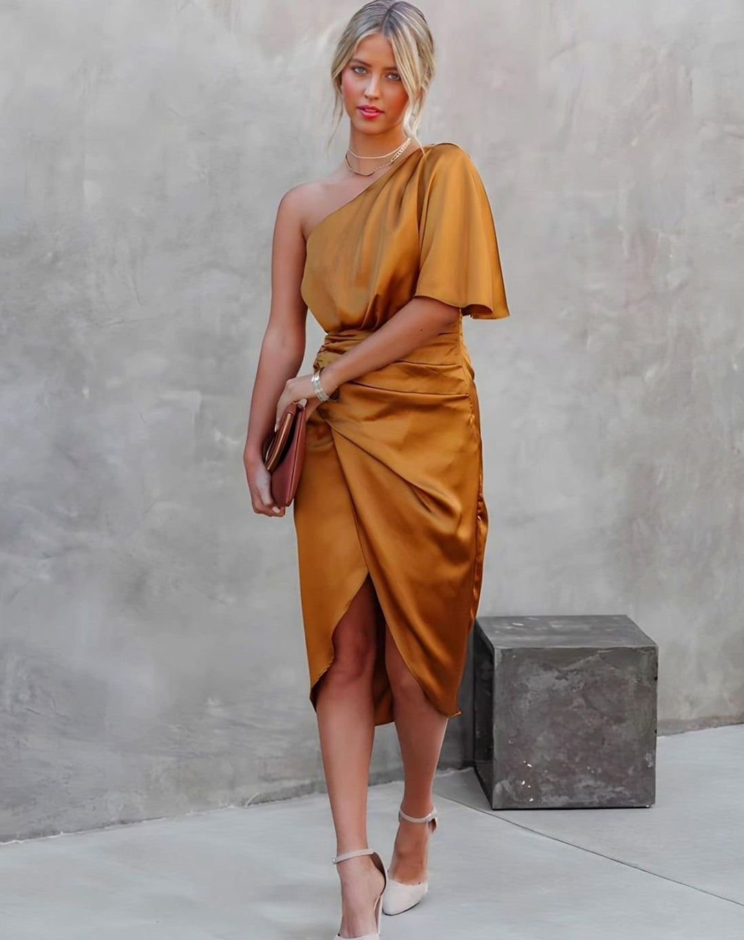 Women's One-Shoulder Satin Wrap Midi Dress