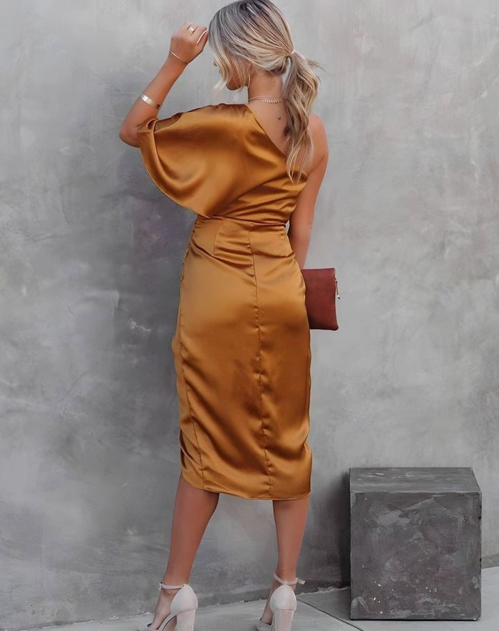 Women's One-Shoulder Satin Wrap Midi Dress