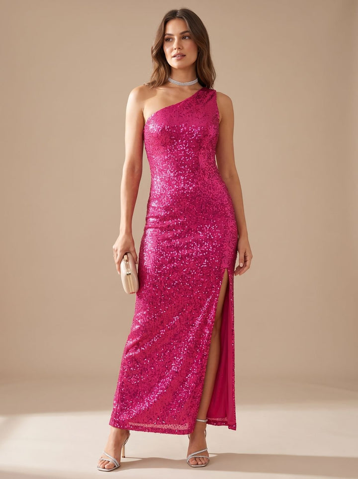 Women's One-Shoulder Sequin Bodycon Maxi Dress Side Slit - Pink