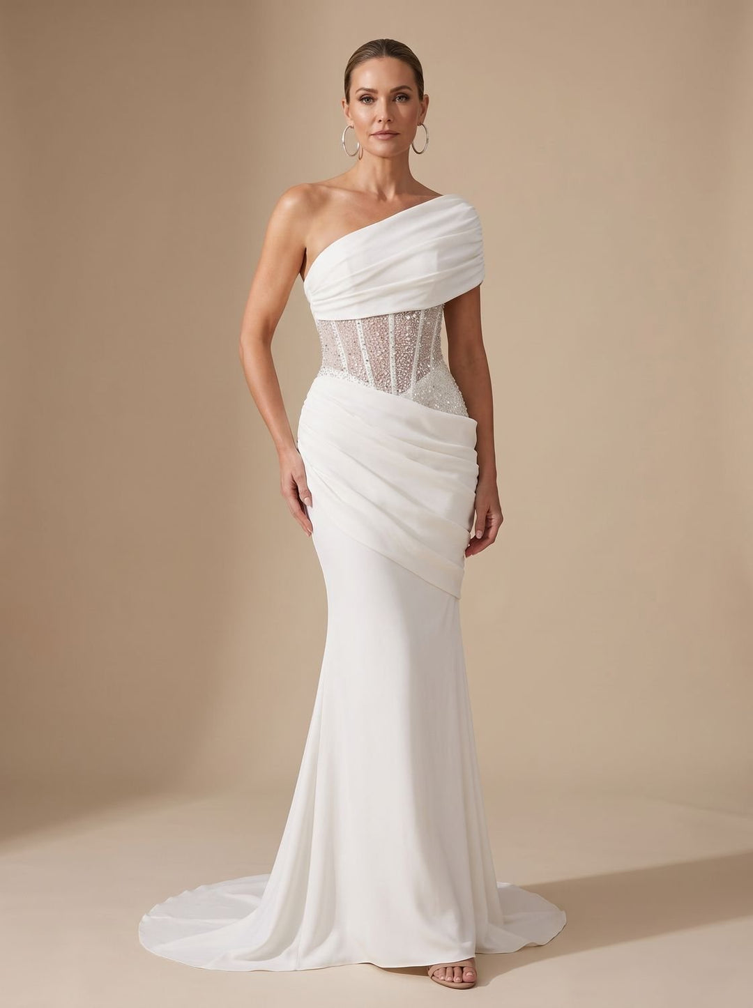 Women's One-Shoulder Sequin Embellished Draped Maxi Gown - White