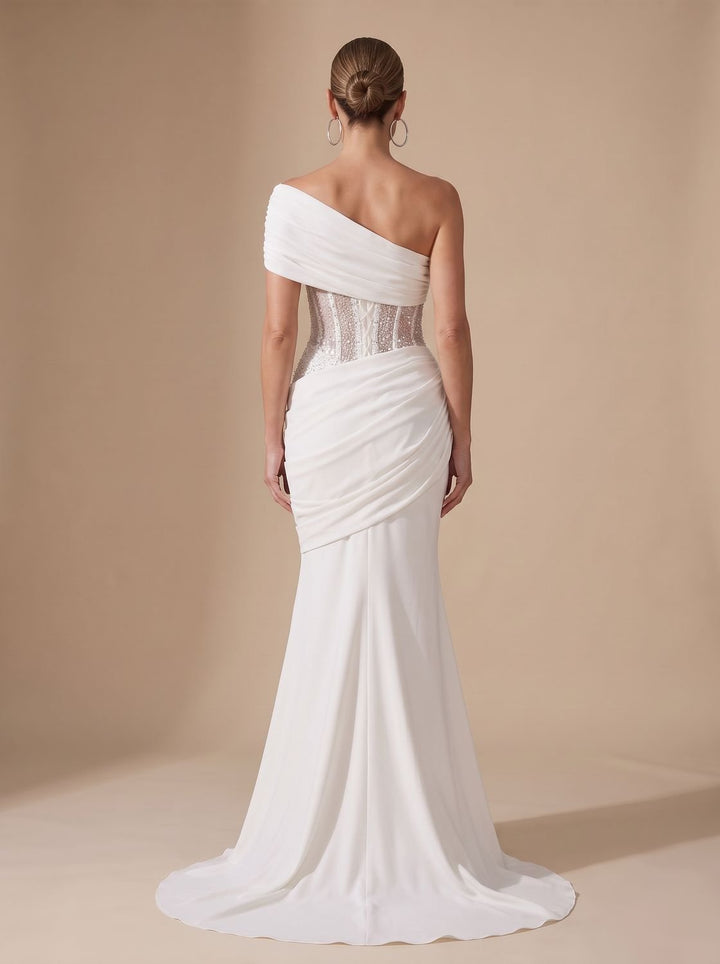 Women's One-Shoulder Sequin Embellished Draped Maxi Gown