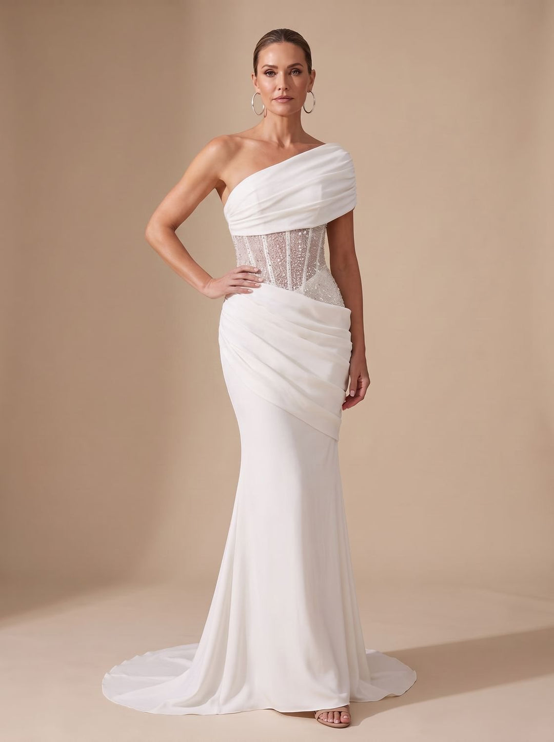 Women's One-Shoulder Sequin Embellished Draped Maxi Gown