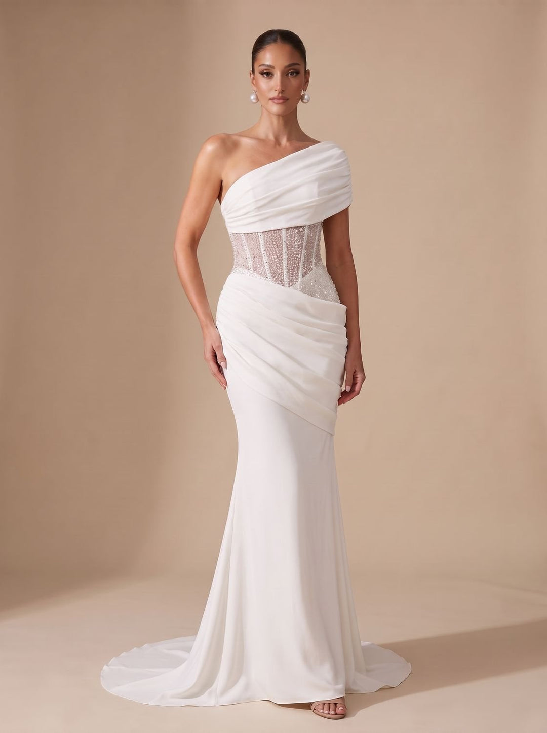 Women's One-Shoulder Sequin Embellished Draped Maxi Gown