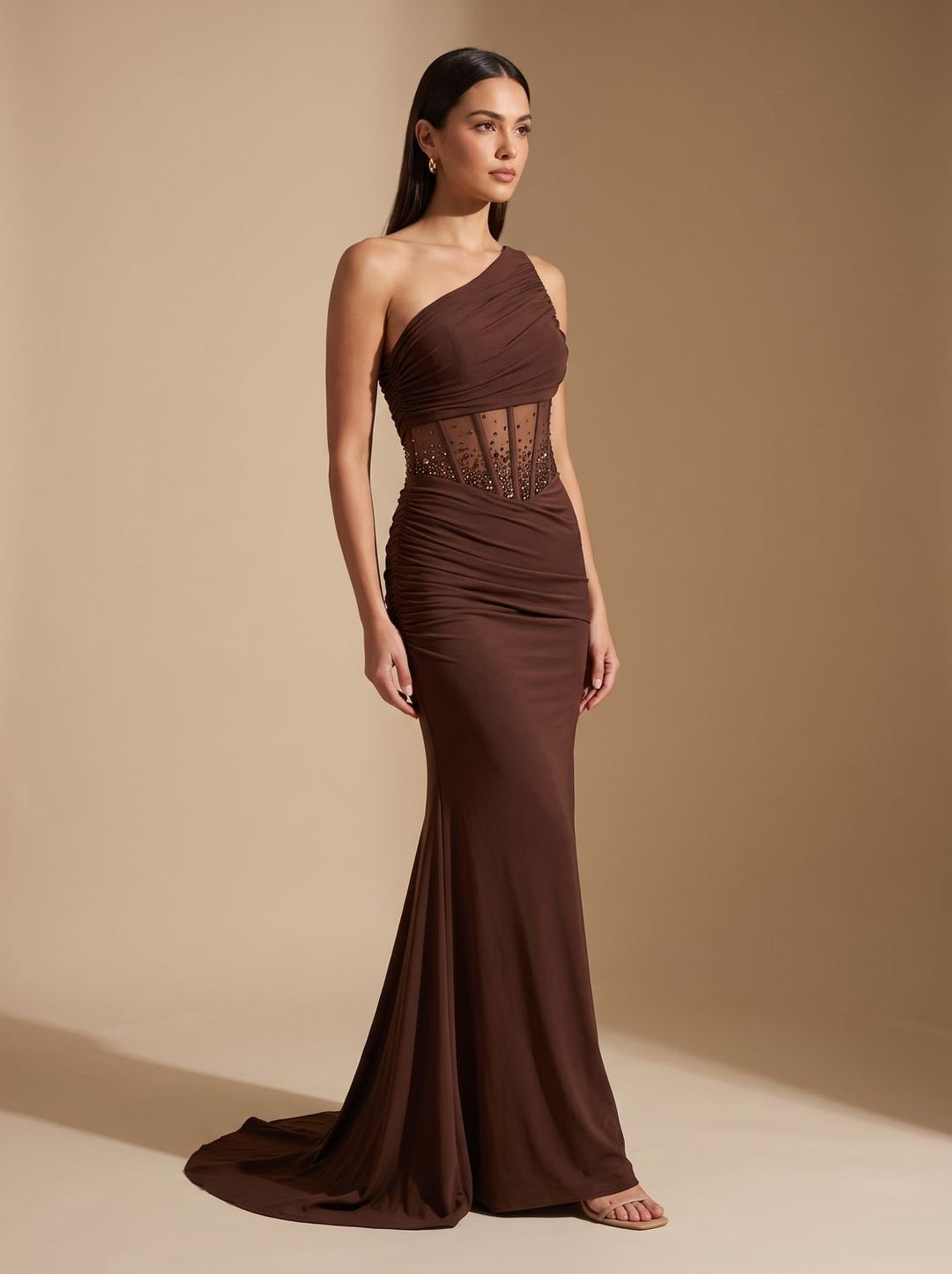 Women's One-Shoulder Sequin Embellished Draped Maxi Gown - Dark Brown