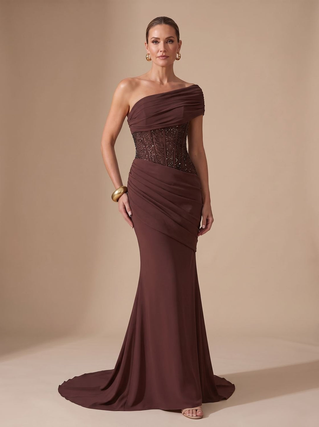 Women's One-Shoulder Sequin Embellished Draped Maxi Gown