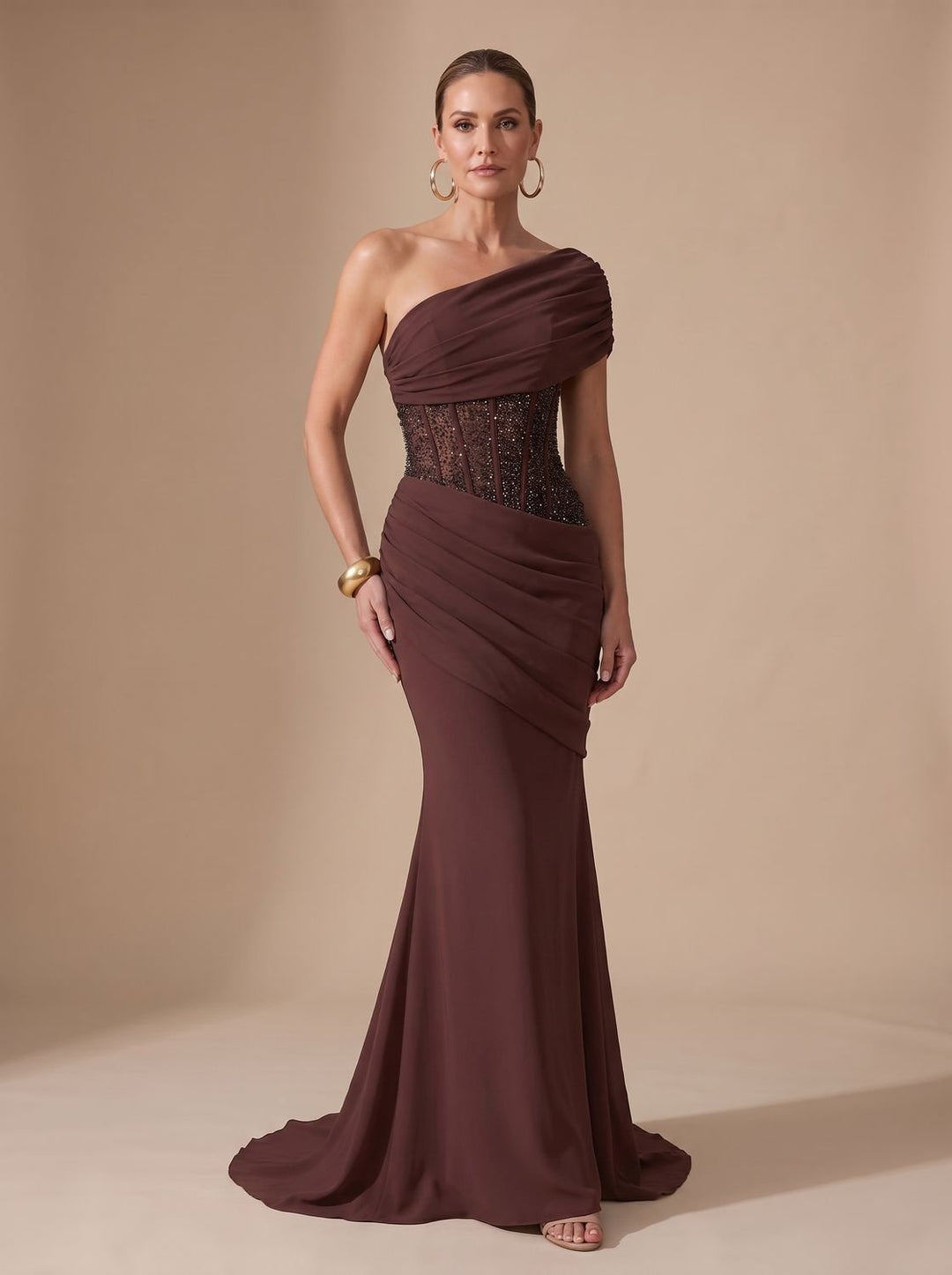Women's One-Shoulder Sequin Embellished Draped Maxi Gown