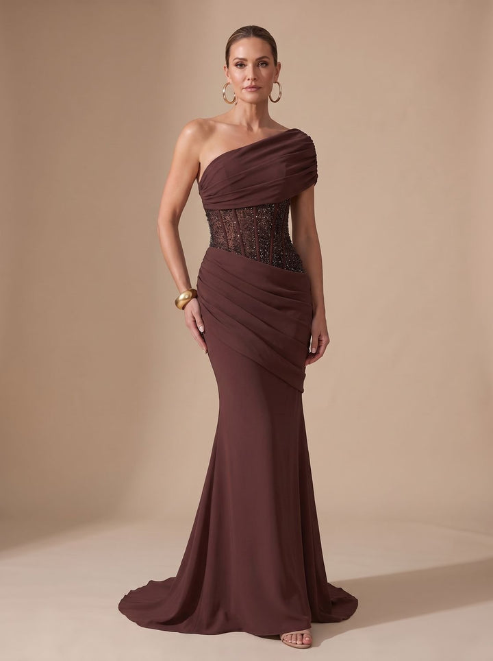 Women's One-Shoulder Sequin Embellished Draped Maxi Gown