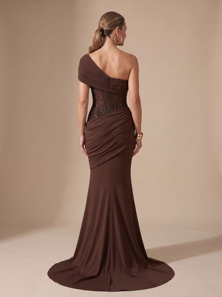 Women's One-Shoulder Sequin Embellished Draped Maxi Gown
