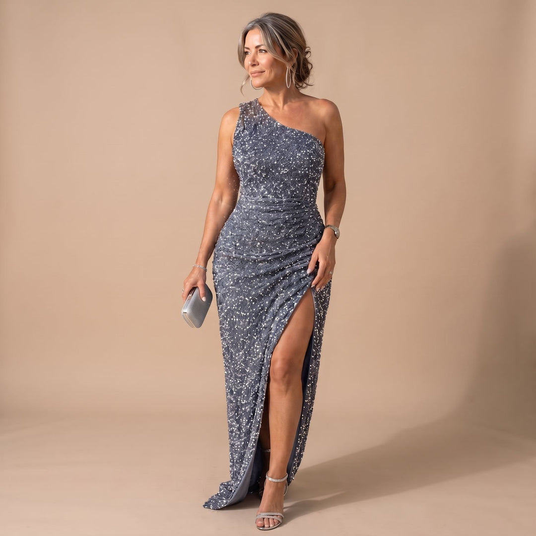 Women's One-Shoulder Sequin Ruched Maxi Christmas Party Dress