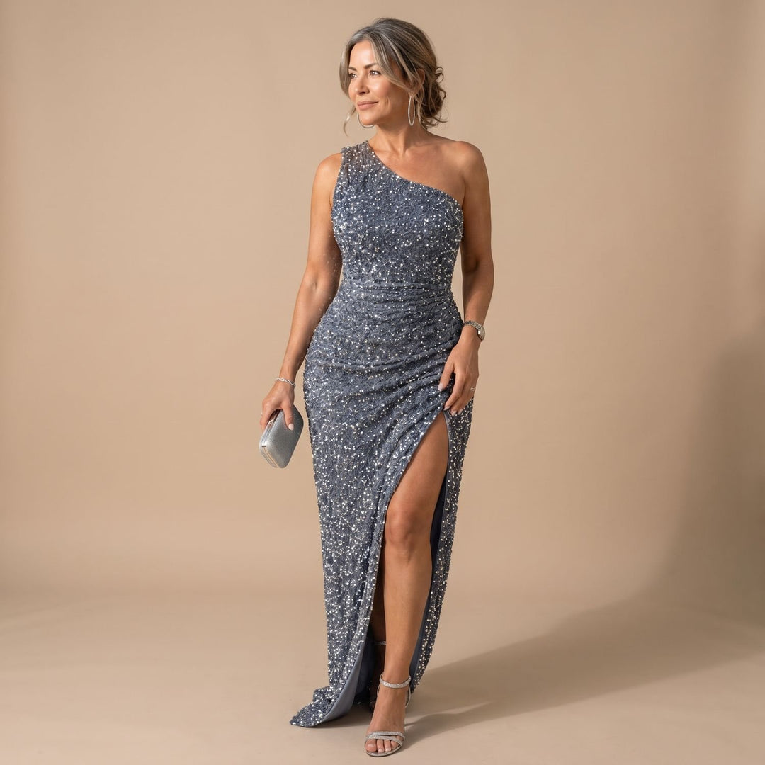Women's One-Shoulder Sequin Ruched Maxi Christmas Party Dress