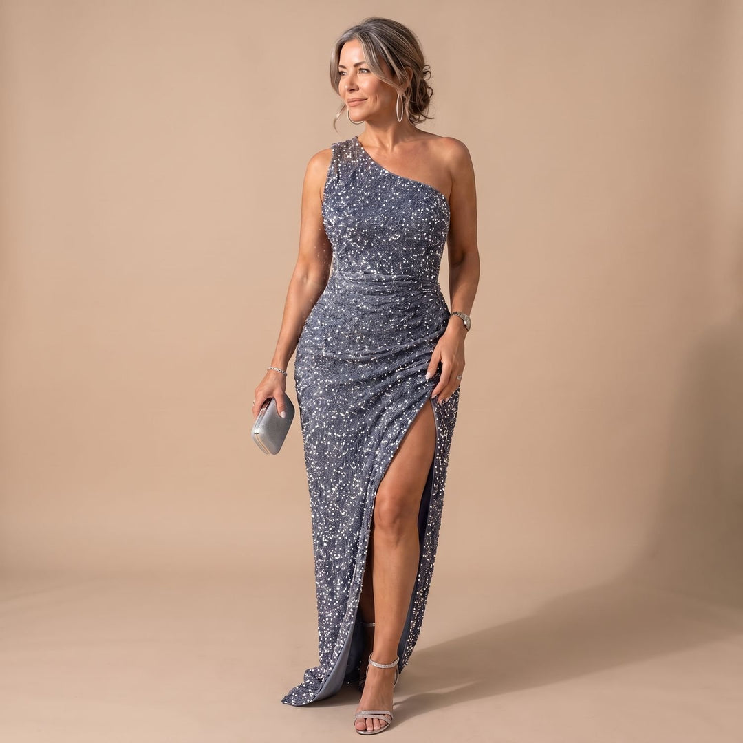 Women's One-Shoulder Sequin Ruched Maxi Christmas Party Dress