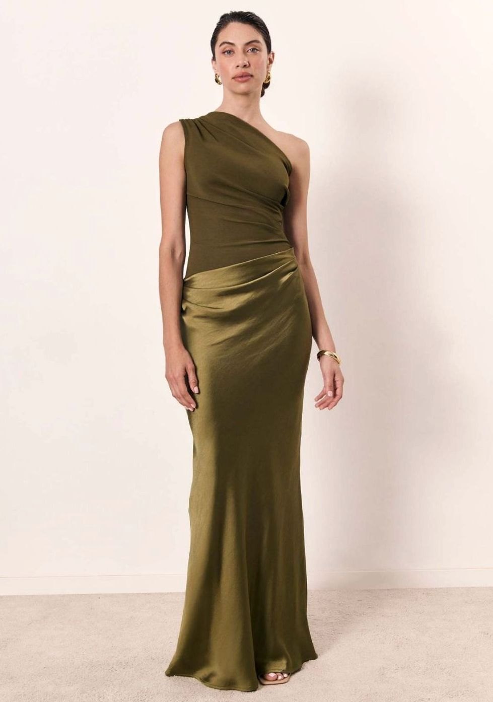 Women's One-Shoulder Sleeveless Ruched Satin Maxi Dress