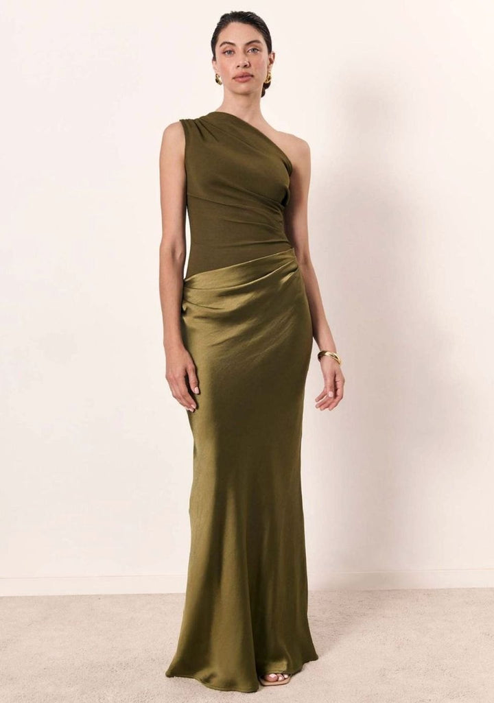 Women's One-Shoulder Sleeveless Ruched Satin Maxi Dress