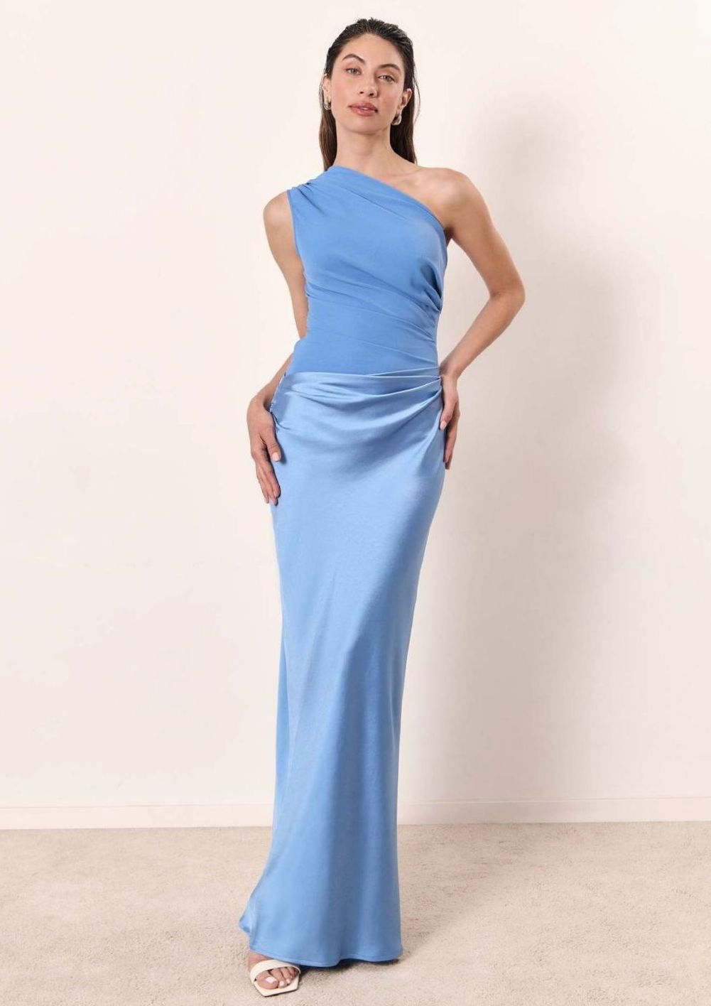 Women's One-Shoulder Sleeveless Ruched Satin Maxi Dress