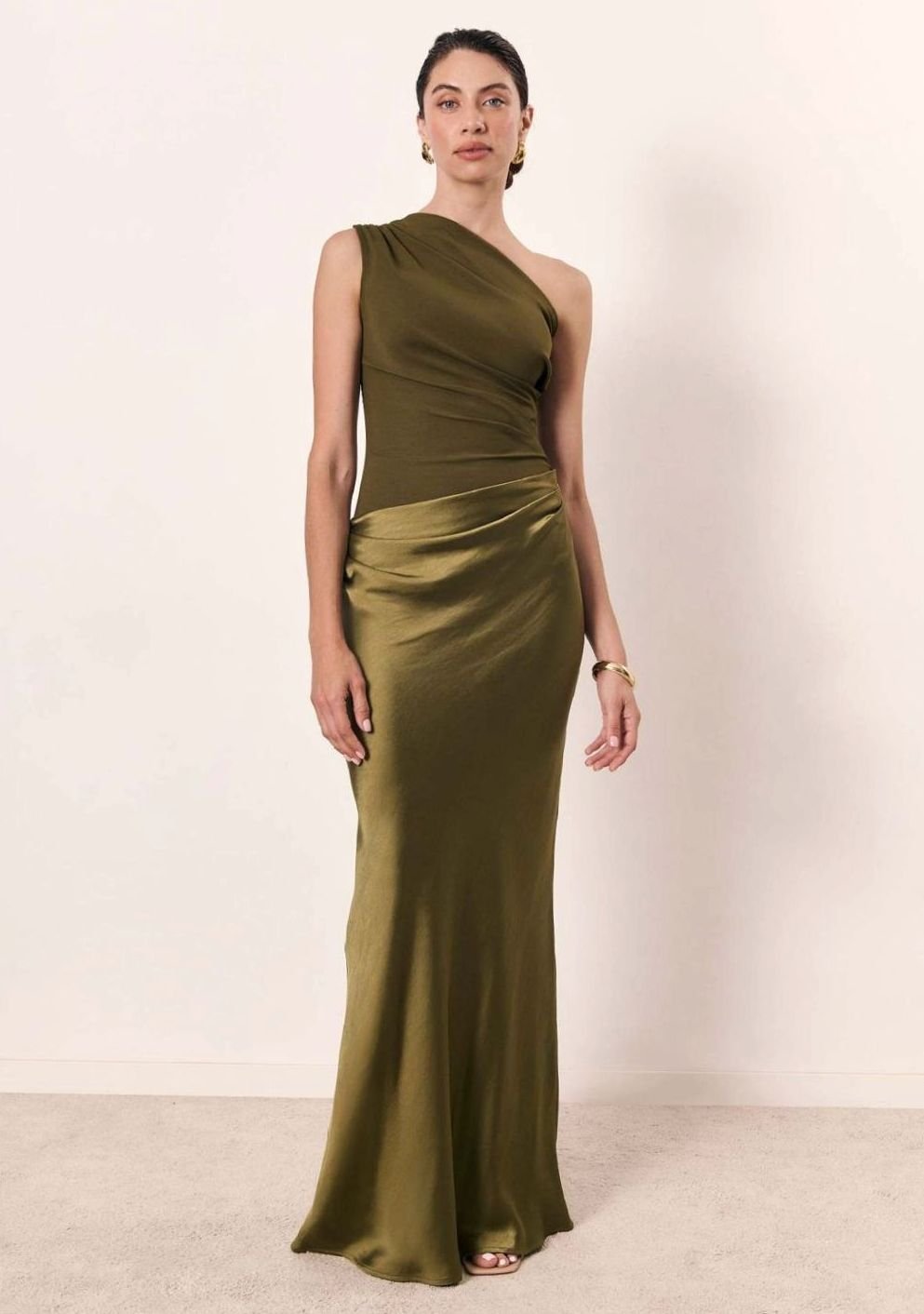 Women's One-Shoulder Sleeveless Ruched Satin Maxi Dress