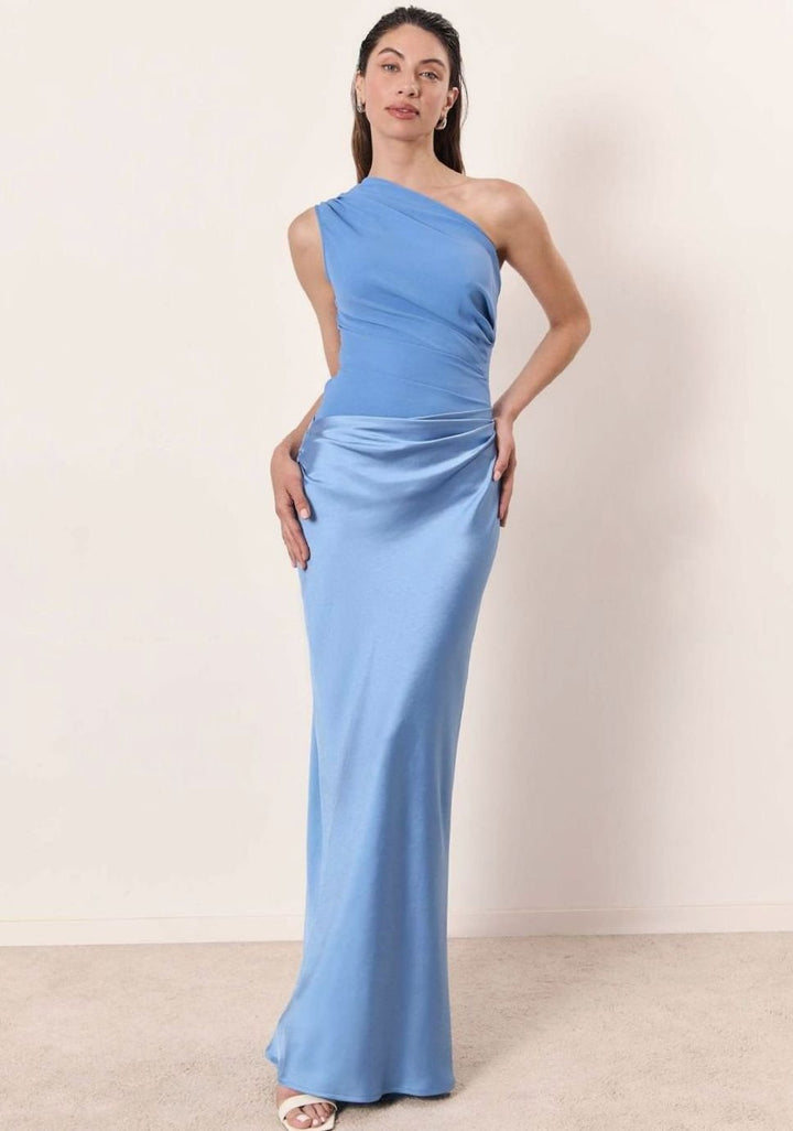 Women's One-Shoulder Sleeveless Ruched Satin Maxi Dress